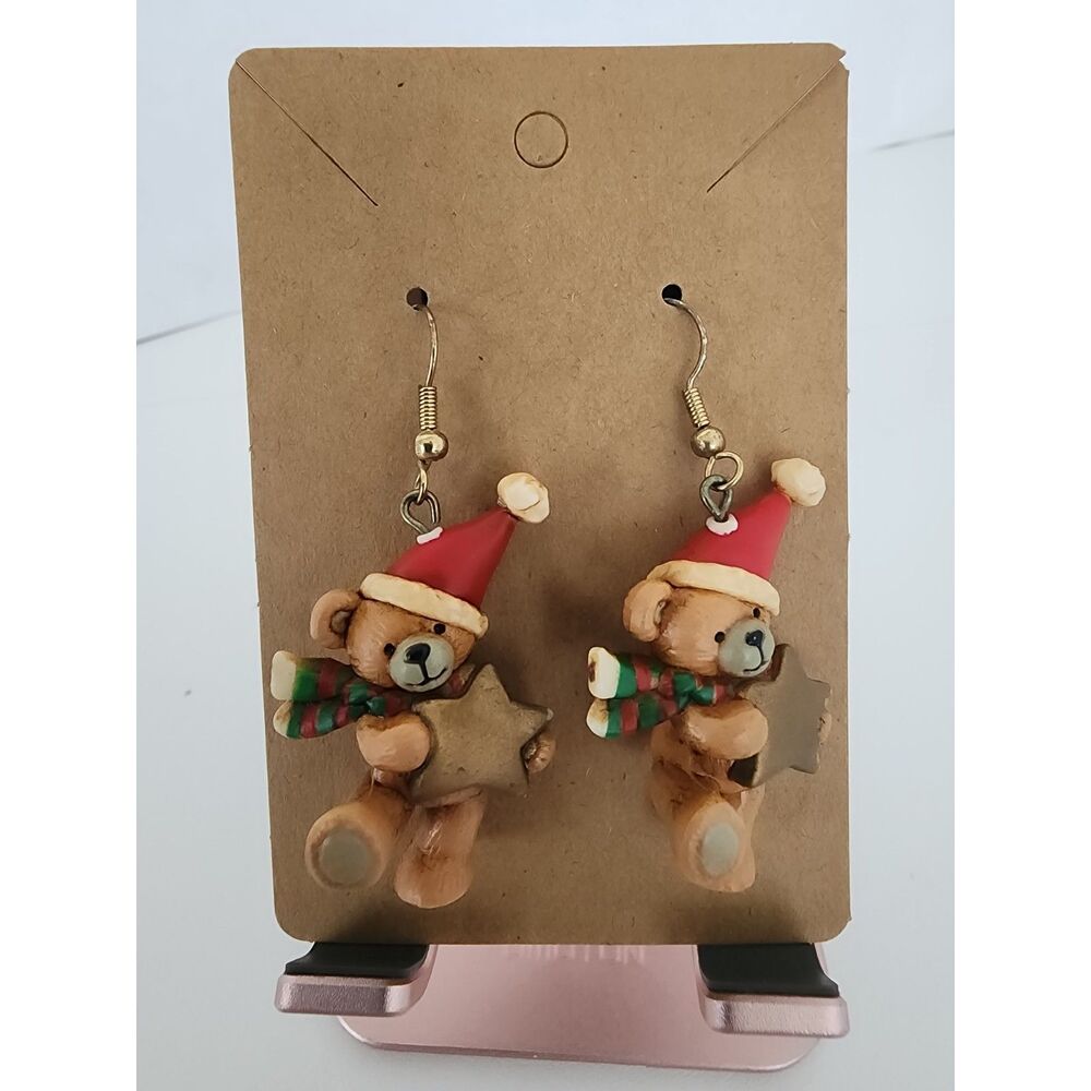 Christmas Bear Resin Earrings Santa Hat Stars Scarf Dangle 3 Dimensional Brown